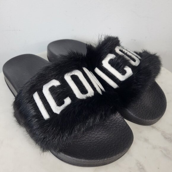 NWB~$825~DSQUARED2~7.5/8~ICON BLACK WHITE GENUINE  RABBIT FUR SANDALS SLIDES - Picture 6 of 16